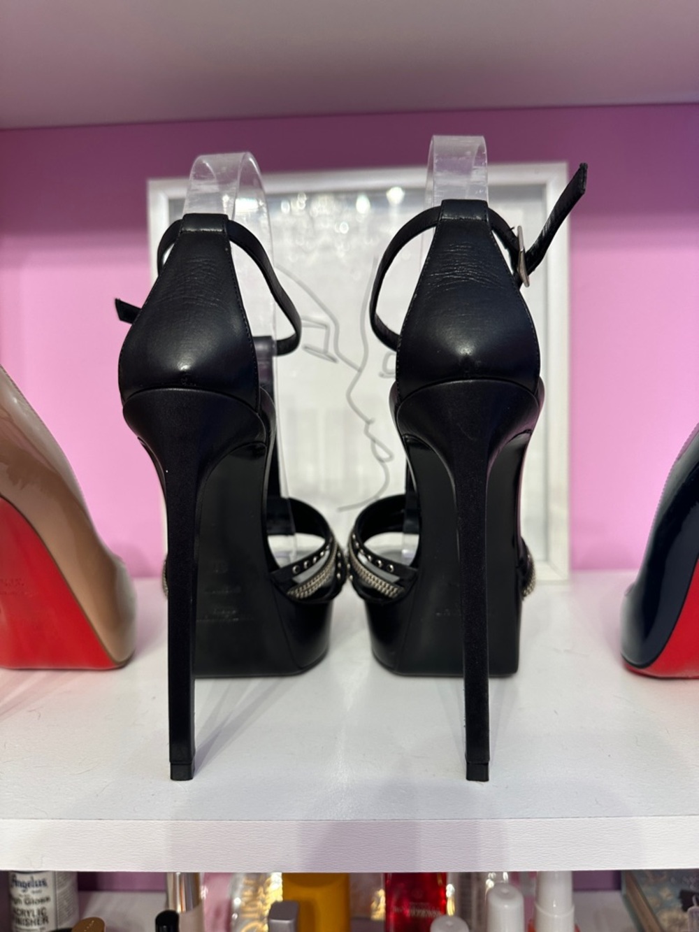 Saint Laurent Black Leather Stiletto Sandals with Studded Straps